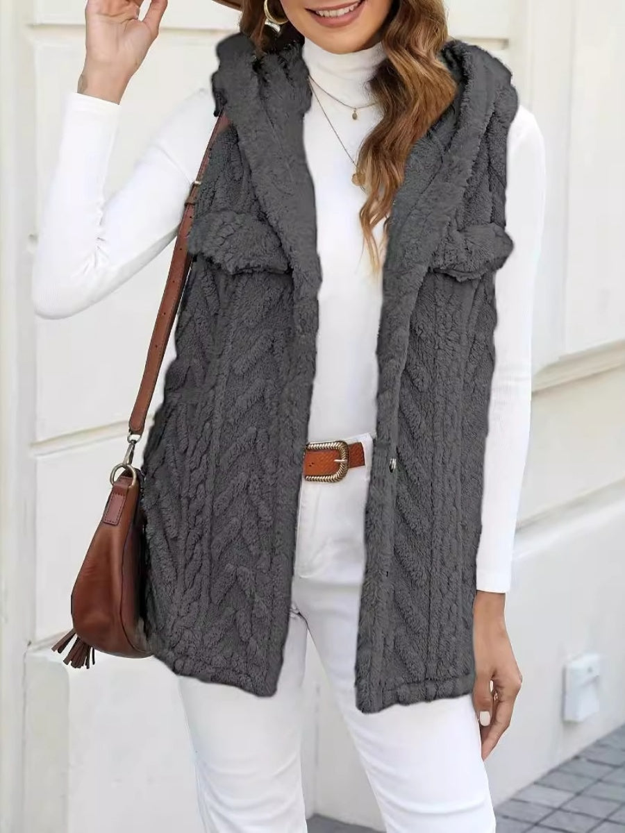 Three-dimensional Geometric Pattern Warm And Fashionable Plush Hooded Cardigan Mid-length Vest