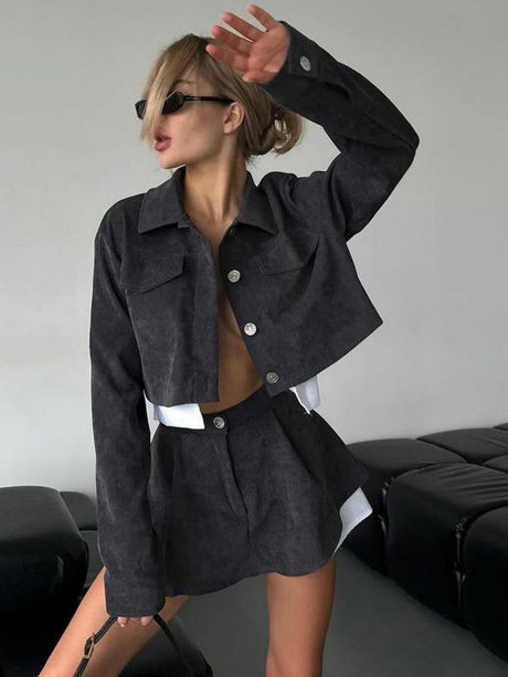 Liber Autumn women's contrasting navel-baring clothing Short Long sleeve Shirt Short skirt two-piece suit