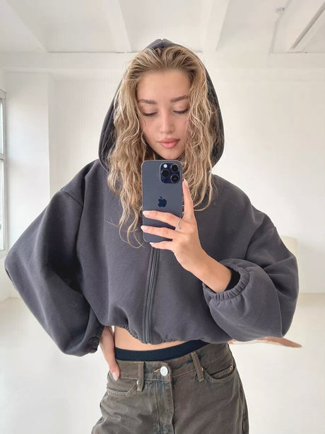 Liber Autumn women's clothing Drawstring Hooded Zippered solid color long-sleeved cardigan sweatshirt