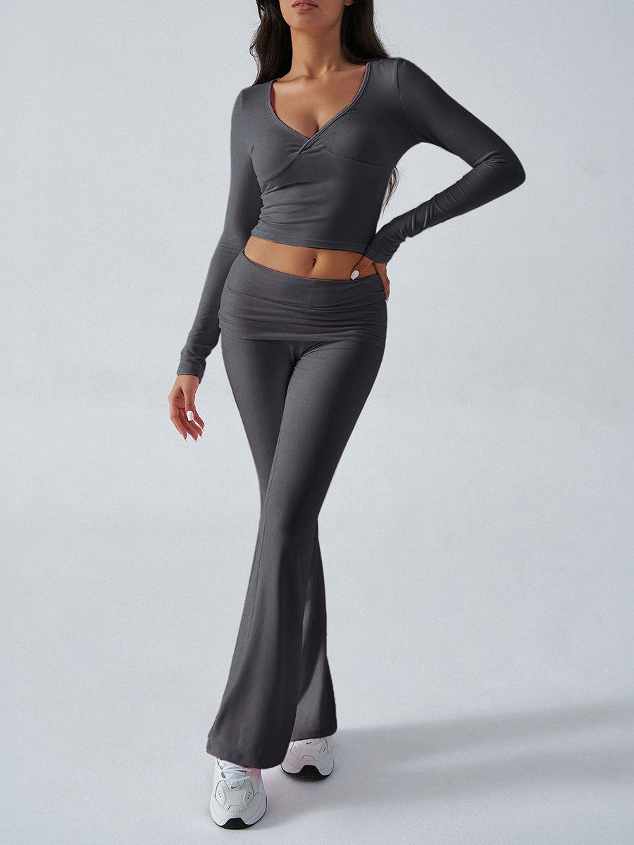 V-neck Long Sleeve Pants Pleated Navel Solid Color 2-piece Sets