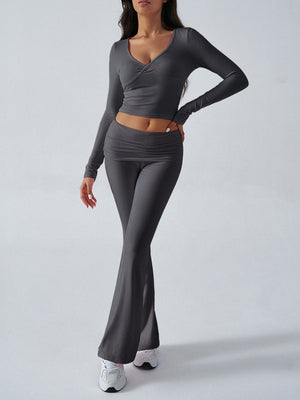 V-neck Long Sleeve Pants Pleated Navel Solid Color 2-piece Sets