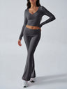 V-neck Long Sleeve Pants Pleated Navel Solid Color 2-piece Sets