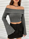 Solid Color One-shoulder Collar Long Sleeve Knitting T-shirts