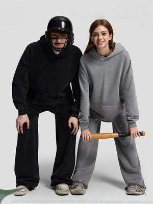 Hooded Loose Washing Water Old Solid Color Leisure Sweatshirts&Hoodies Set
