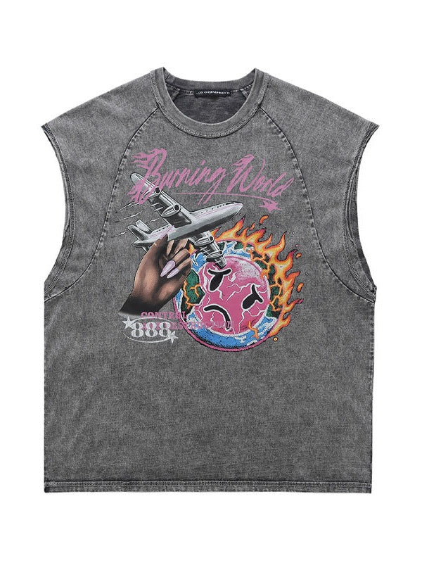 Retro Washing Water Printed Tank Tops