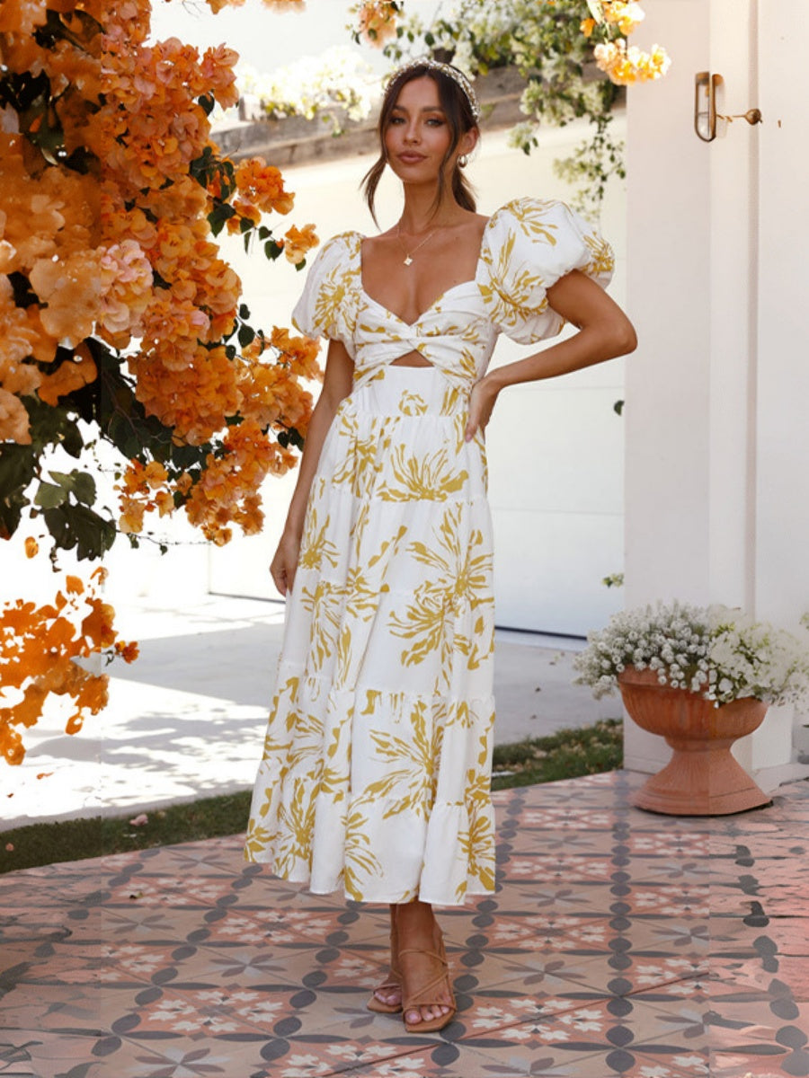 Floral Print Puff Sleeve Maxi Dress