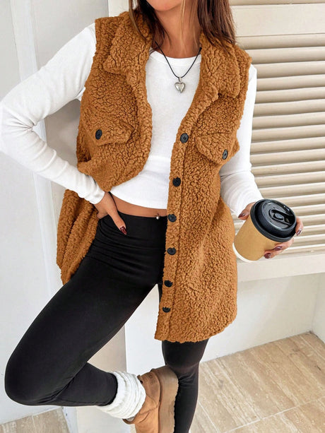 Solid Color Lapel Open Buckle Loose Temperament Commuting Imitation Lambskin Vests