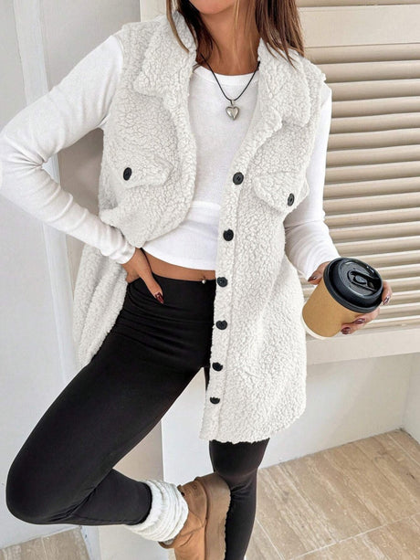 Solid Color Lapel Open Buckle Loose Temperament Commuting Imitation Lambskin Vests
