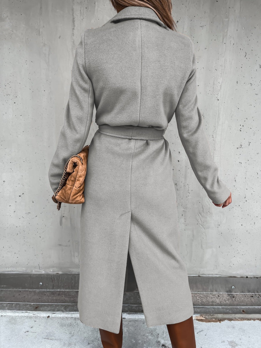 Solid Color Lapel Long Sleeve Woolen Simple Tie Coats