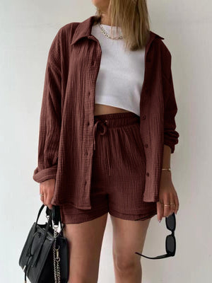 Long-sleeved Shirt And High-waisted Drawstring Shorts Casual Two-piece Set