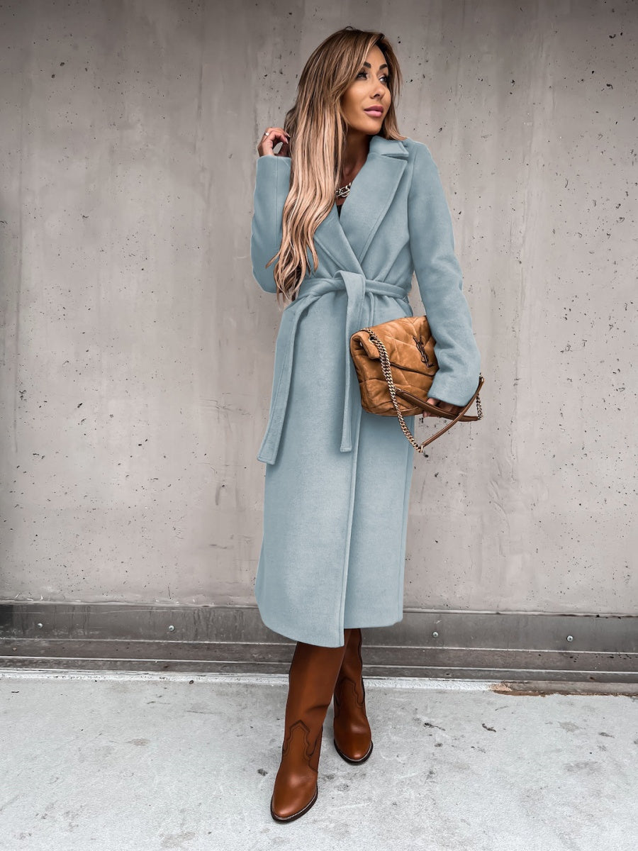 Solid Color Lapel Long Sleeve Woolen Simple Tie Coats