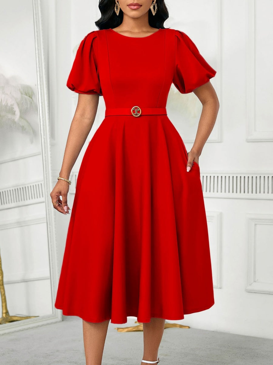 Puff Sleeve High Waist Crew Neck Large Skirt Commuting Leisure Midi Dresses