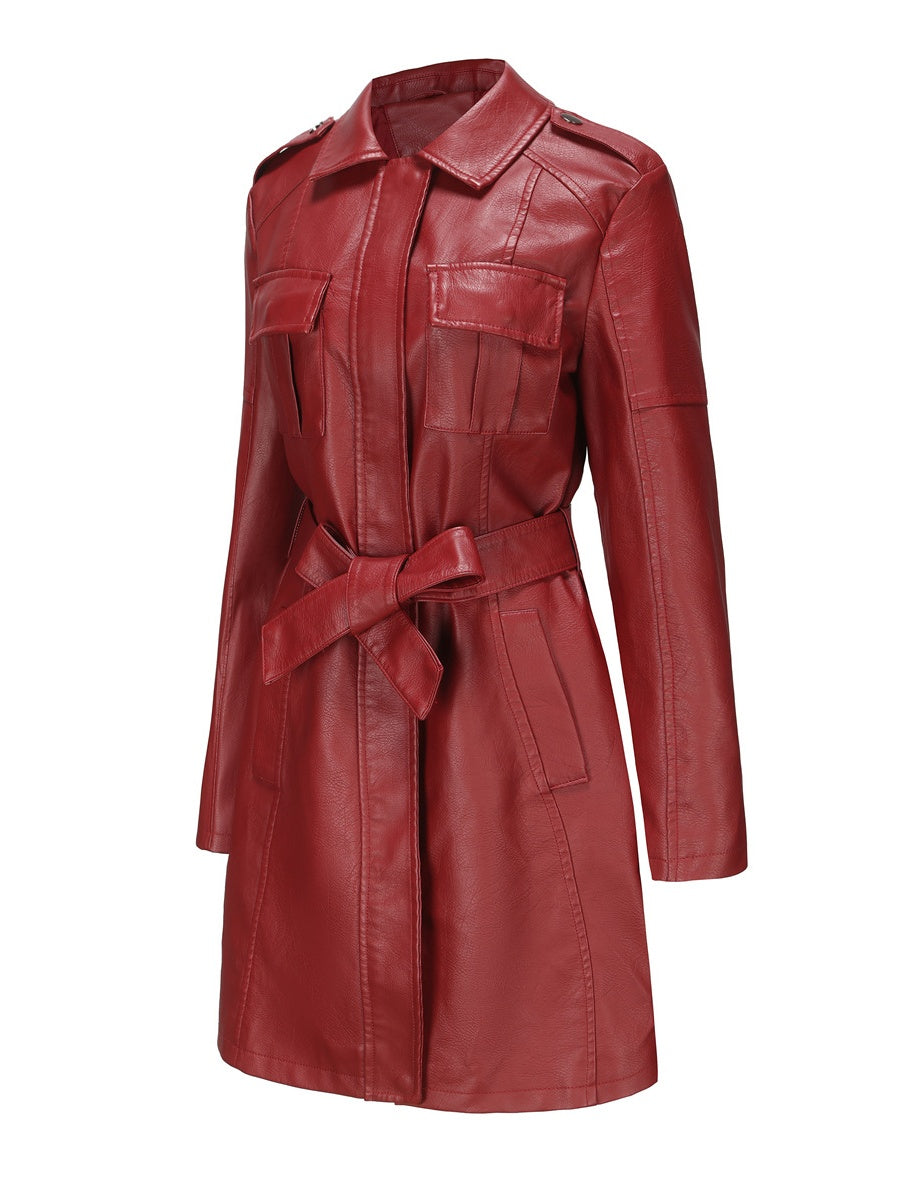 Mid-length Pu Pocket Trench Coats