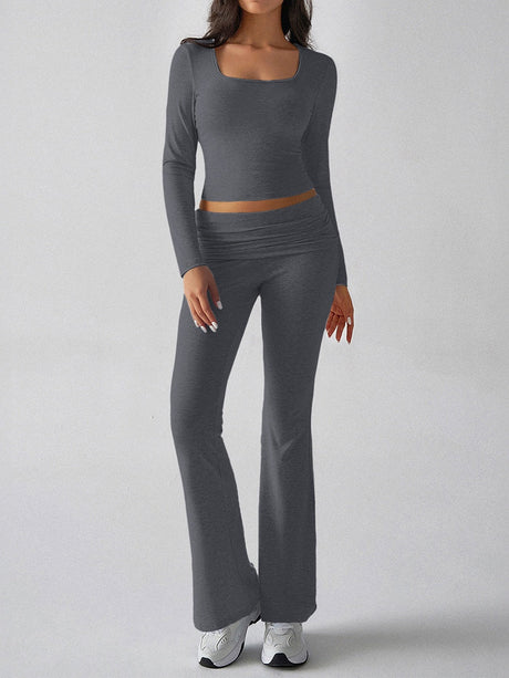 Leisure Navel Solid Color Long-sleeved Two-piece Suit