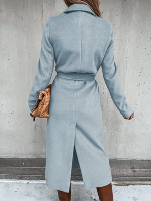 Solid Color Lapel Long Sleeve Woolen Simple Tie Coats