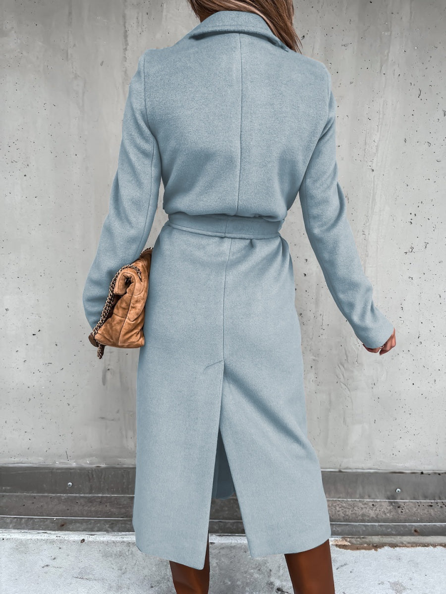 Solid Color Lapel Long Sleeve Woolen Simple Tie Coats