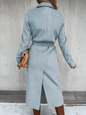 Solid Color Lapel Long Sleeve Woolen Simple Tie Coats