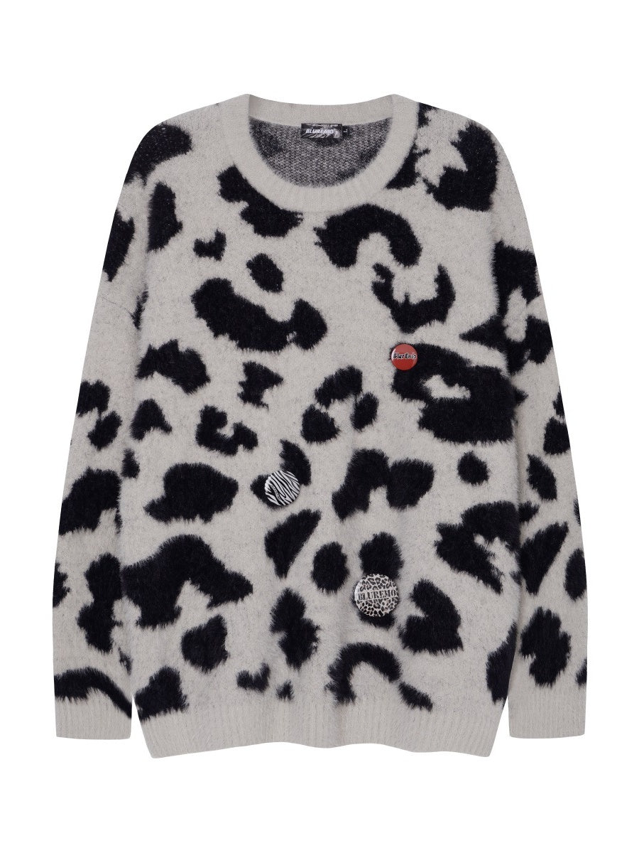Leopard Metal Badge Loose All-match Crew Neck Sweater