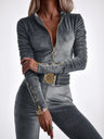 Velvet Zipper Metal Belt Jumpsuit