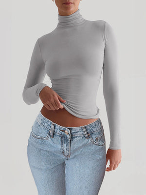 Simplicity Navel Solid Color Turtleneck Long Sleeve T-shirts