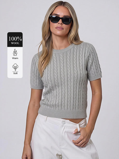 100% Wool Short-Sleeve Cable-Knit Sweater