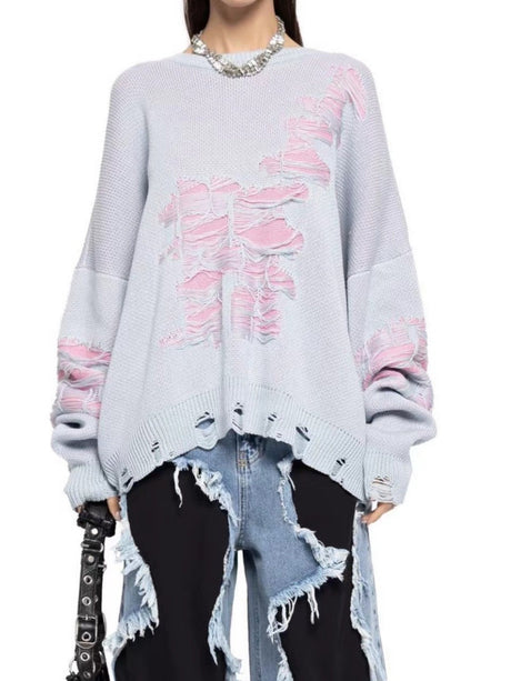 Liber Autumn women's contrast color tattered patchwork pullover sweater