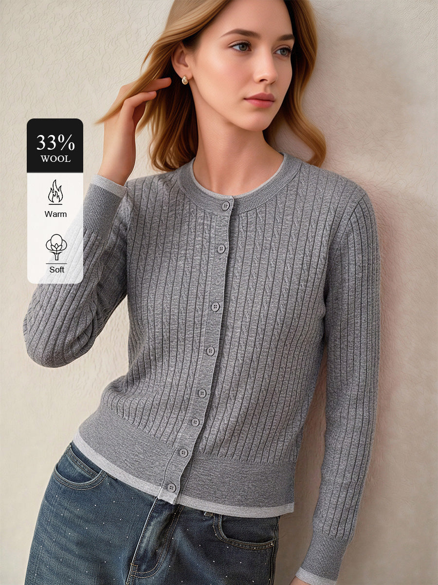 Wool-Blend Cable-Knit Cardigan with Contrast Hem