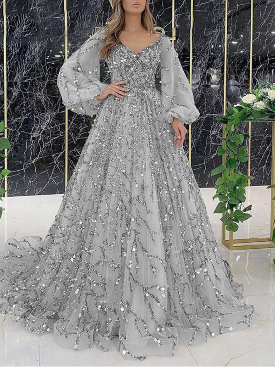 Heavy Beaded Luxury Sexy Zipper Long Sleeve Long Evening Dress