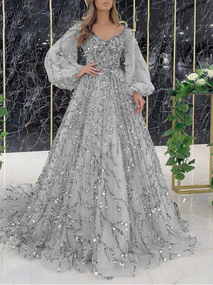 Heavy Beaded Luxury Sexy Zipper Long Sleeve Long Evening Dress