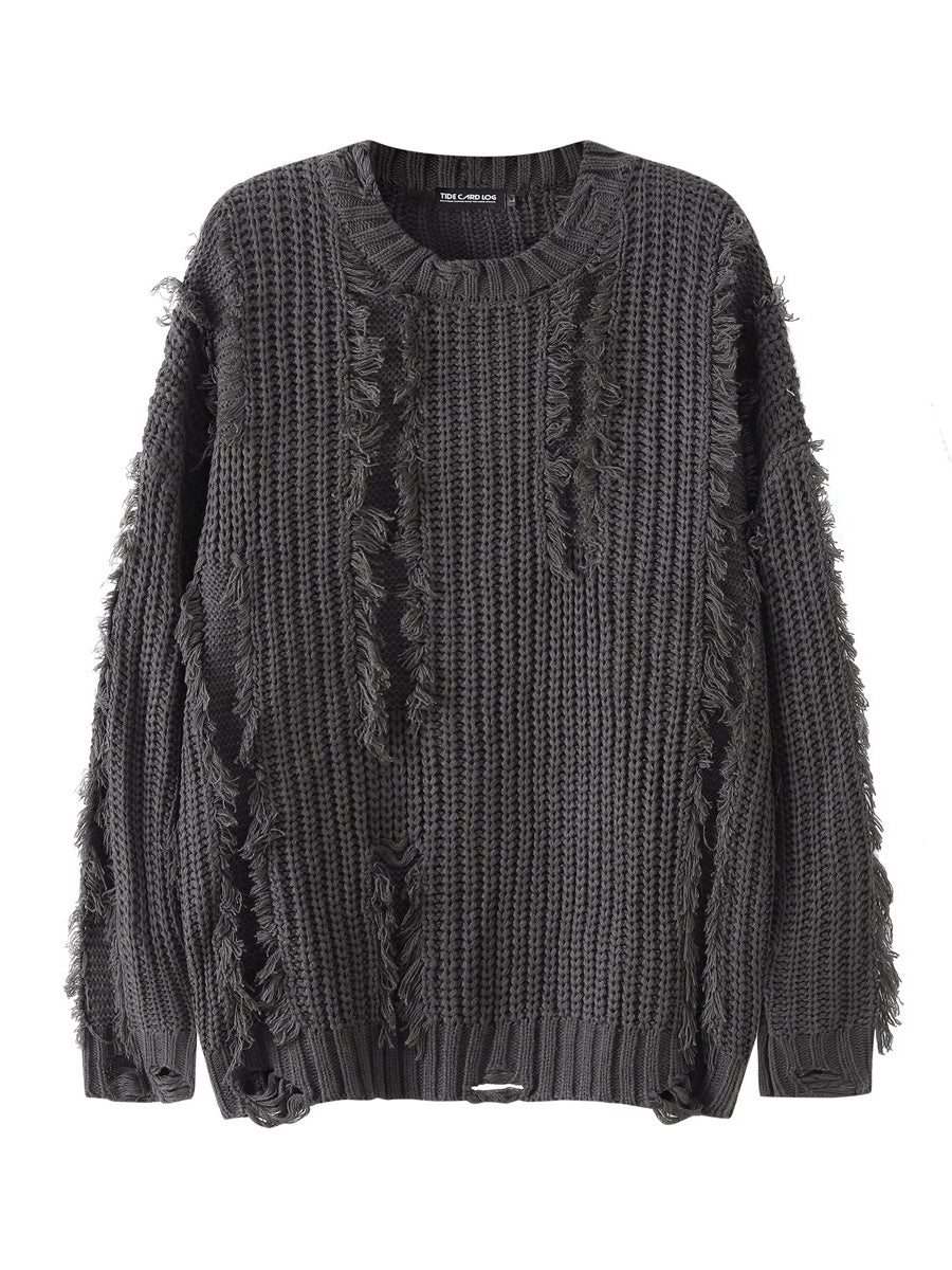 Mahua Hole Raw Edges All-match Crew Neck Sweater