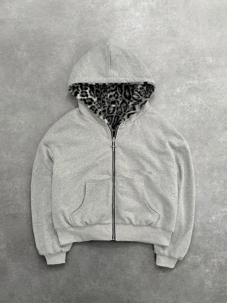 Reversible Retro Leopard Print Zipper Loose Fit Hooded Zip-Up Sweatshirt