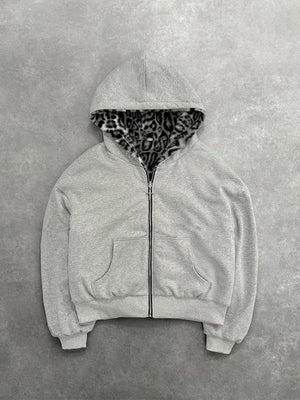 Reversible Retro Leopard Print Zipper Loose Fit Hooded Zip-Up Sweatshirt