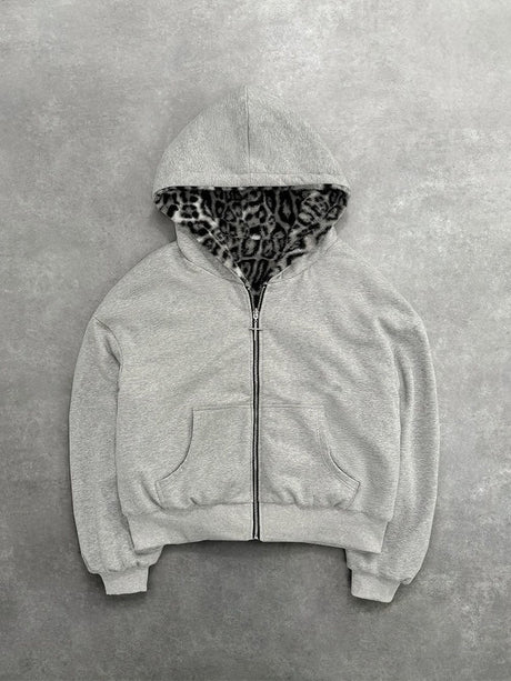 Reversible Retro Leopard Print Zipper Loose Fit Hooded Zip-Up Sweatshirt