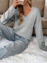 Women's V-neck Grey Crochet Pullover Sweater