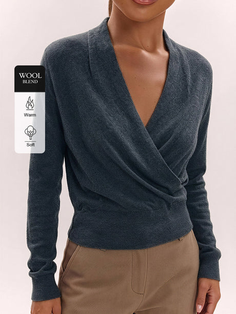 Wool Cross Wrap V Neckline, Fitted Waist, Long Sleeves