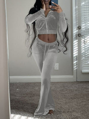 Velvet Splicing Sexy Long-sleeved Casual Navel-baring Top 2-piece Sets