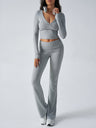 V-neck Long Sleeve Pants Pleated Navel Solid Color 2-piece Sets