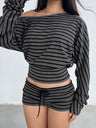 One Shoulder Long Sleeve Splicing Stripes 2-piece Sets