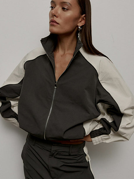 Liber Autumn women's drawstring clothing Colorblock long-sleeved two-piece jacket