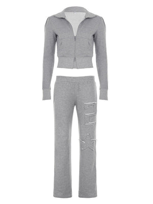 Leisure Long Sleeve Crew Neck Patchwork Fabric Letter Sports 2-piece Sets