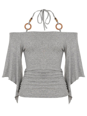 Off-the-shoulder  Bell sleeves  Cinched waist Halter neck top T-shirts