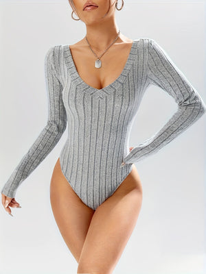 V-neck Long-sleeved Knitted Brushed Ribbed Bodysuit Top
