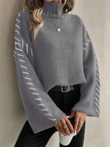 Turtleneck Contrasting Colors Solid Color Knitted Sweater