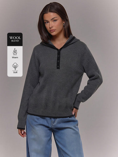 Ribbed Hooded Henley Sweater with Contrast Trim