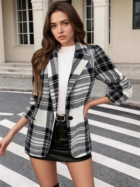 Liber Autumn Women's Striped Trench Coat Button Pocket Lapel Printed Jacket