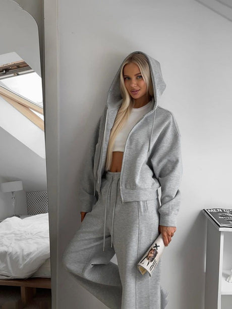 Liber Autumn women's clothing with pockets solid color Sweatshirts&Hoodies Long sleeve cardigan two piece set