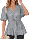 V-neck Pullover Sequins Tie-strap Mesh/see-through Top
