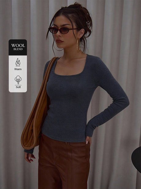 Square-Neck Knit Top with Thumbholes