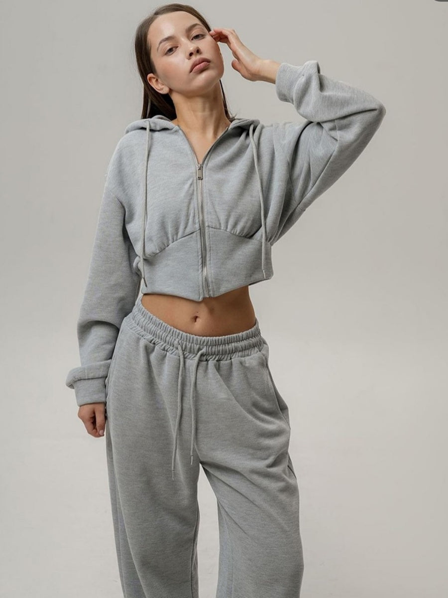 Liber Autumn women's clothing Drawstring Hooded Zippered solid color long-sleeved cardigan two-piece set