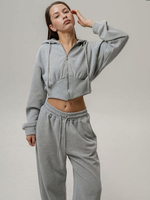 Liber Autumn women's clothing Drawstring Hooded Zippered solid color long-sleeved cardigan two-piece set